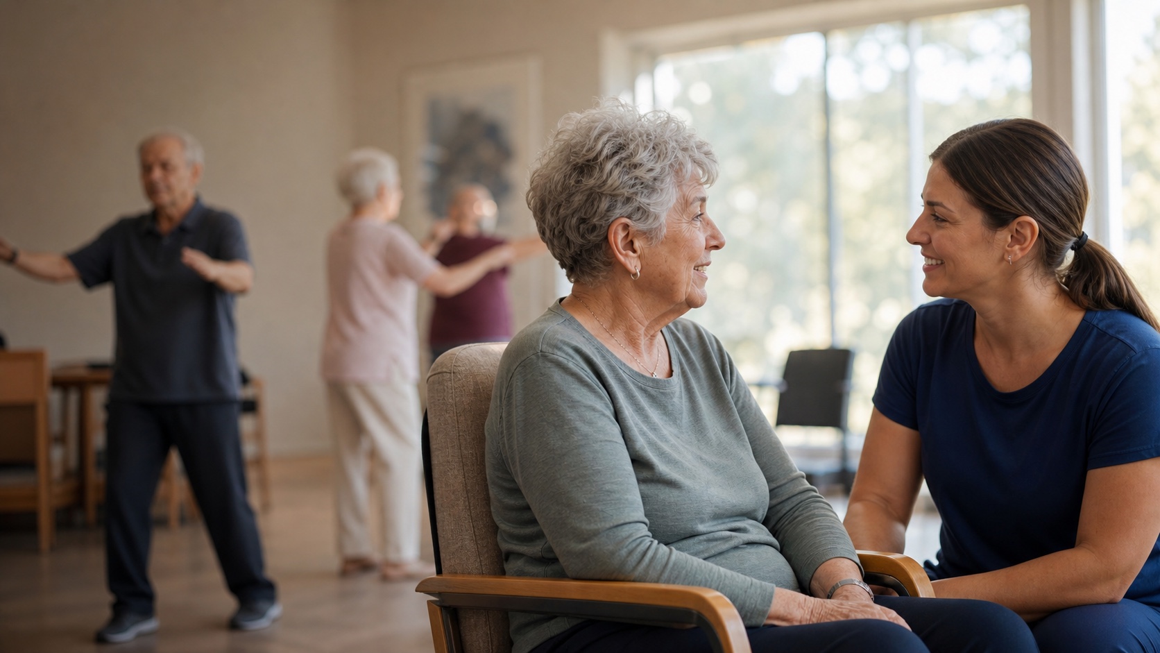 A care worker and residents sharing a movement session in a bright aged care facility