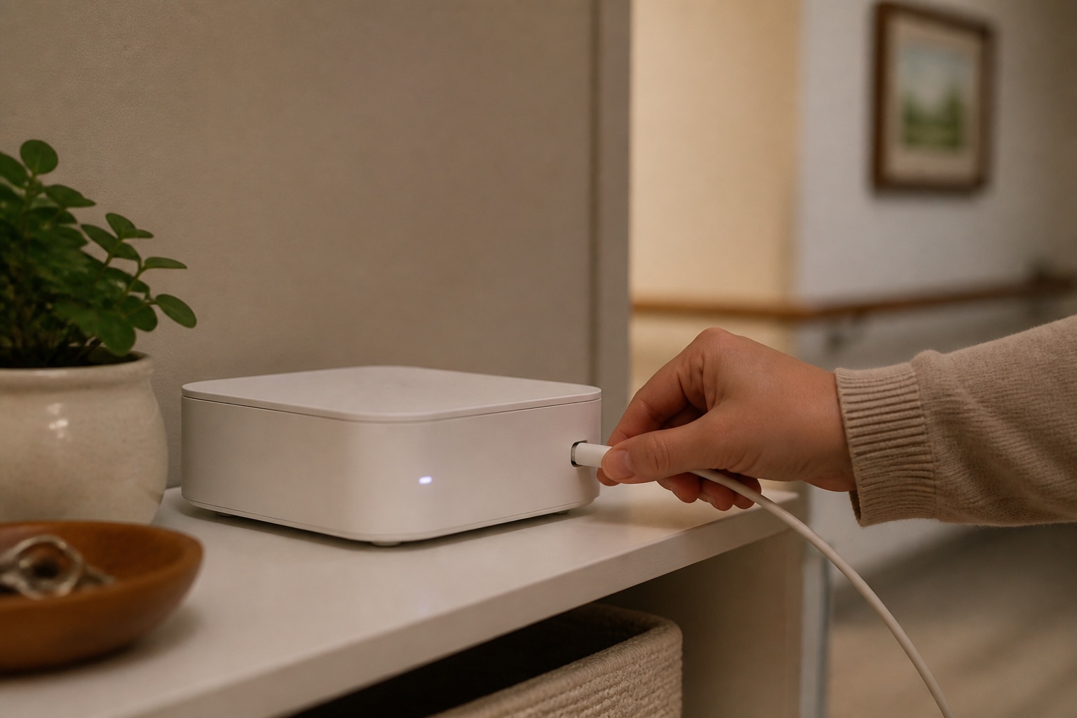 A compact Serra Hub being plugged in on a shelf
