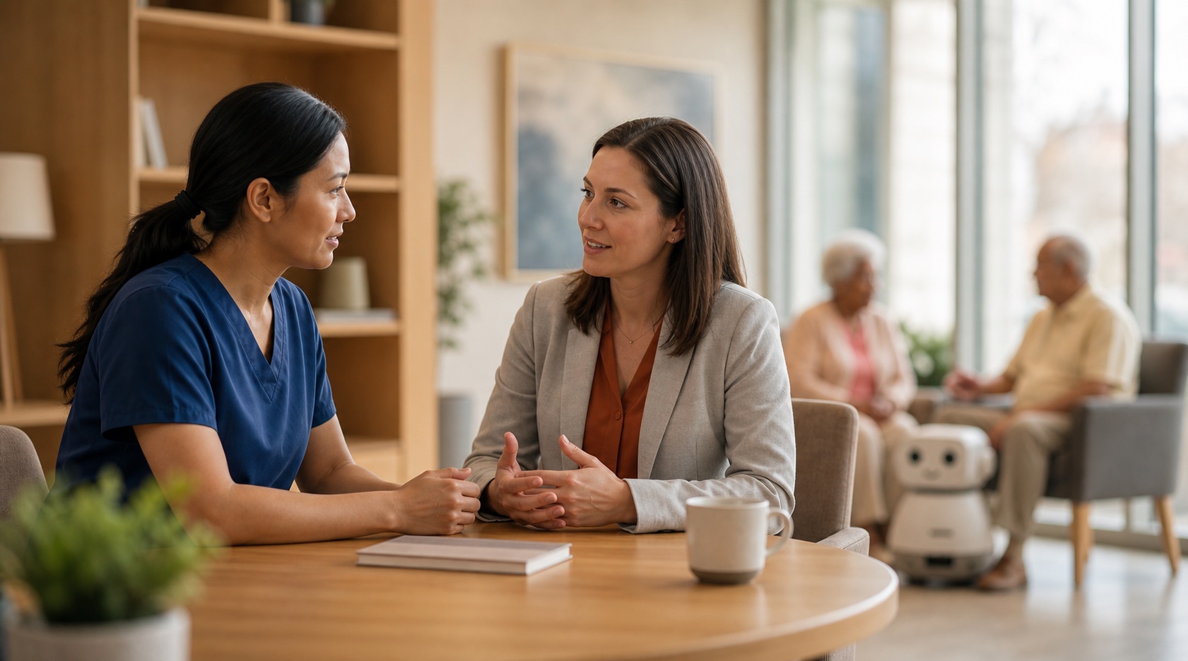Care workers and residents talking together in a bright aged care facility