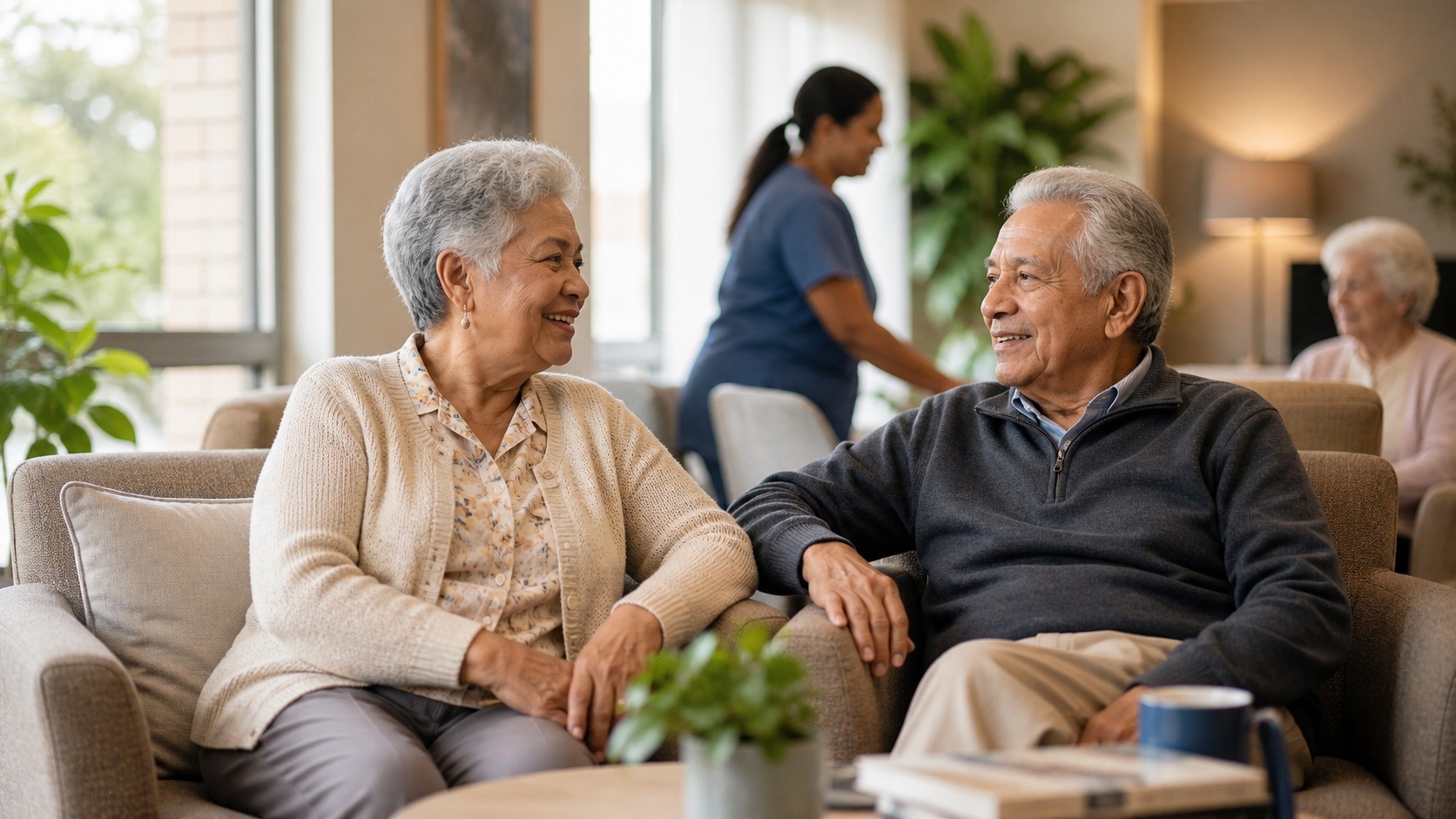 Residents and care staff sharing conversation in a bright aged care lounge