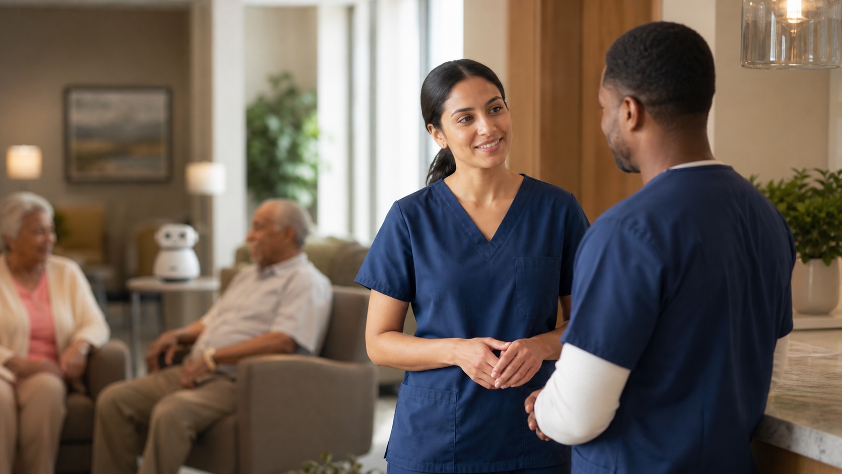 Care staff and residents talking together in a communal care setting