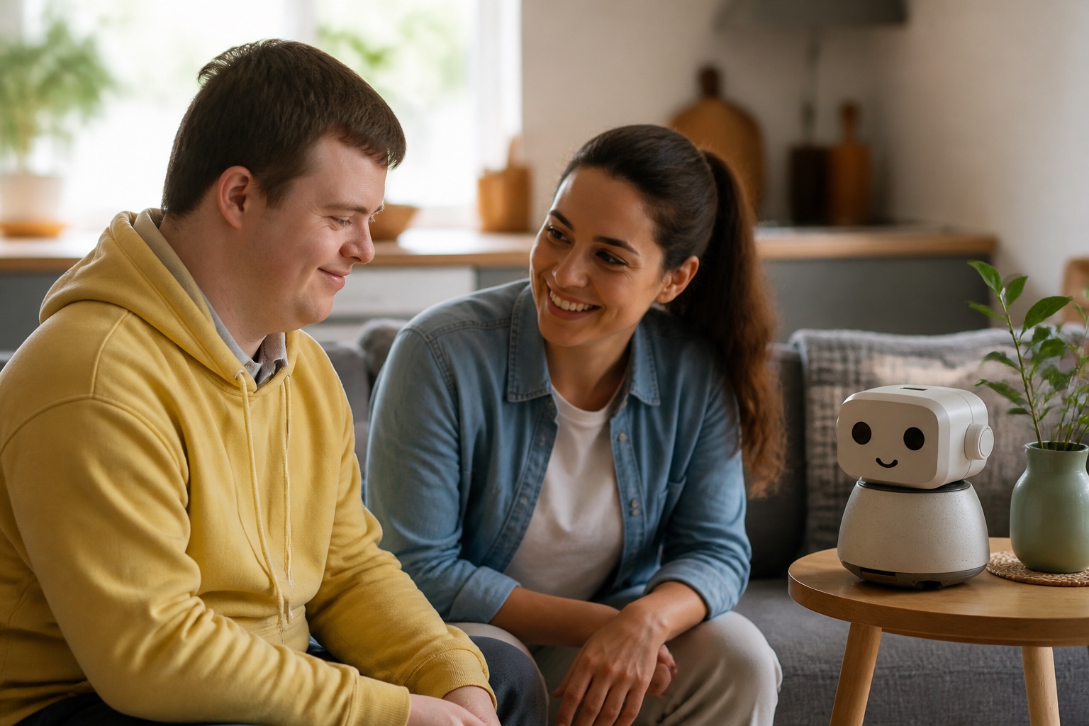 A companion robot in a calm home setting with a person nearby