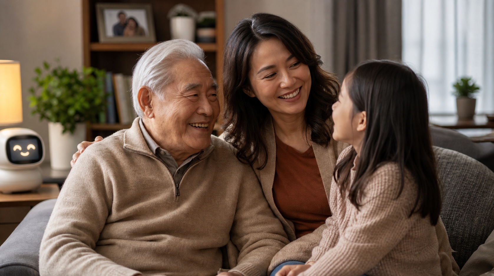 An older adult smiling beside a companion robot showing a family memory