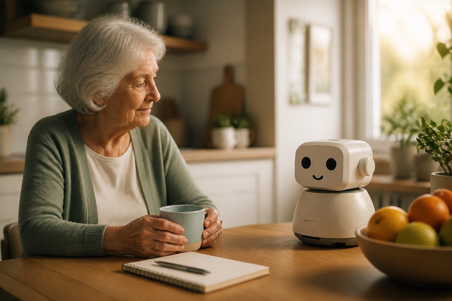 A companion robot in a quiet care room between visits